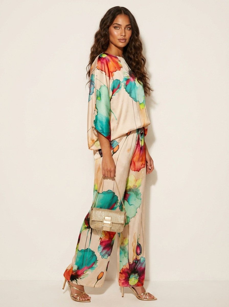 Dames 2-Delige Set – Bloemenprint met Losvallende Top en Wijde Broek Blauw / S - AIDA LENA