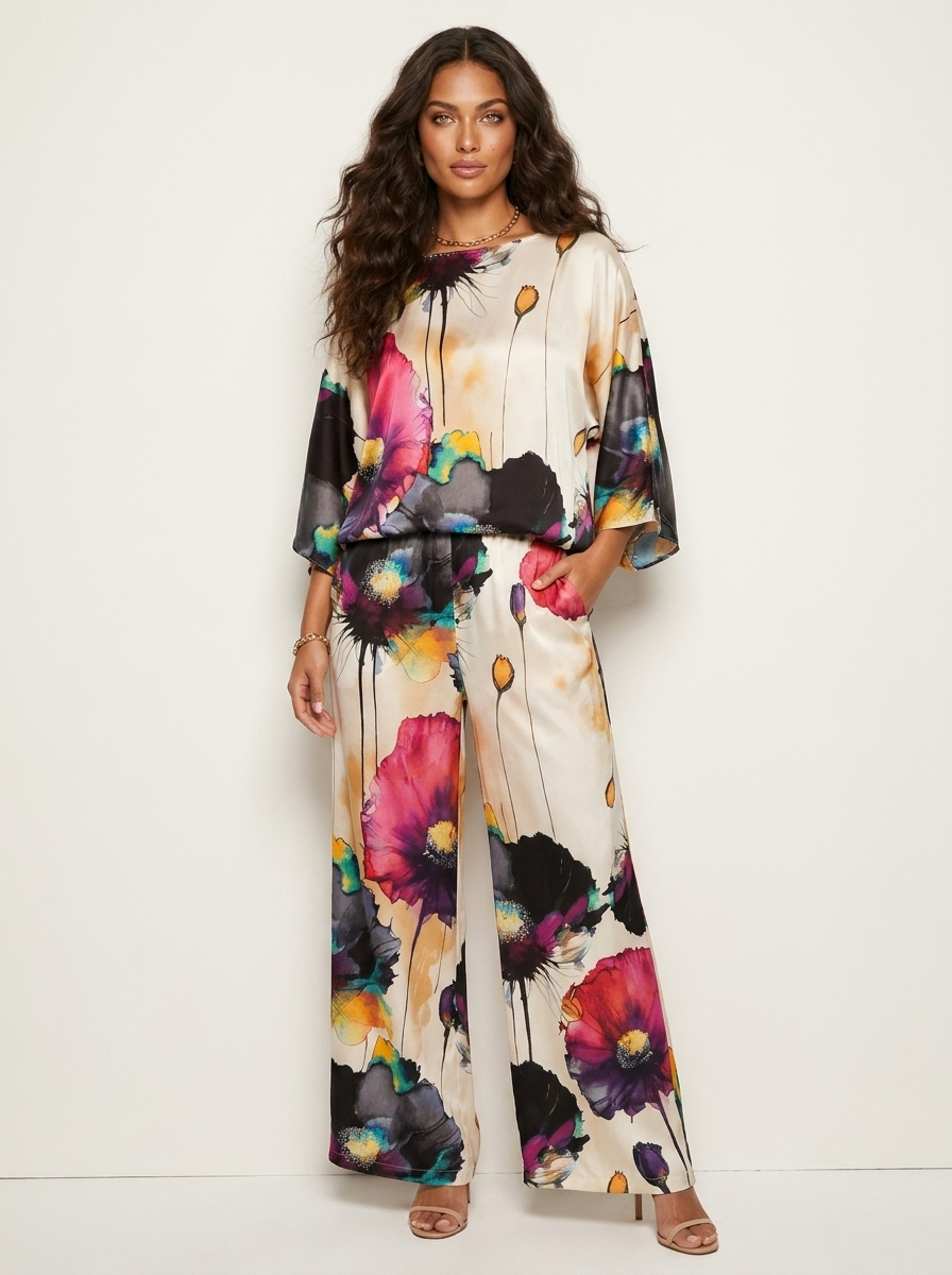 Dames 2-Delige Set – Bloemenprint met Losvallende Top en Wijde Broek Zwart / S - AIDA LENA