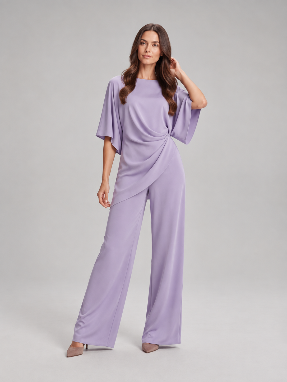 Tweedelige set dames met gedrapeerde top en wijde broek