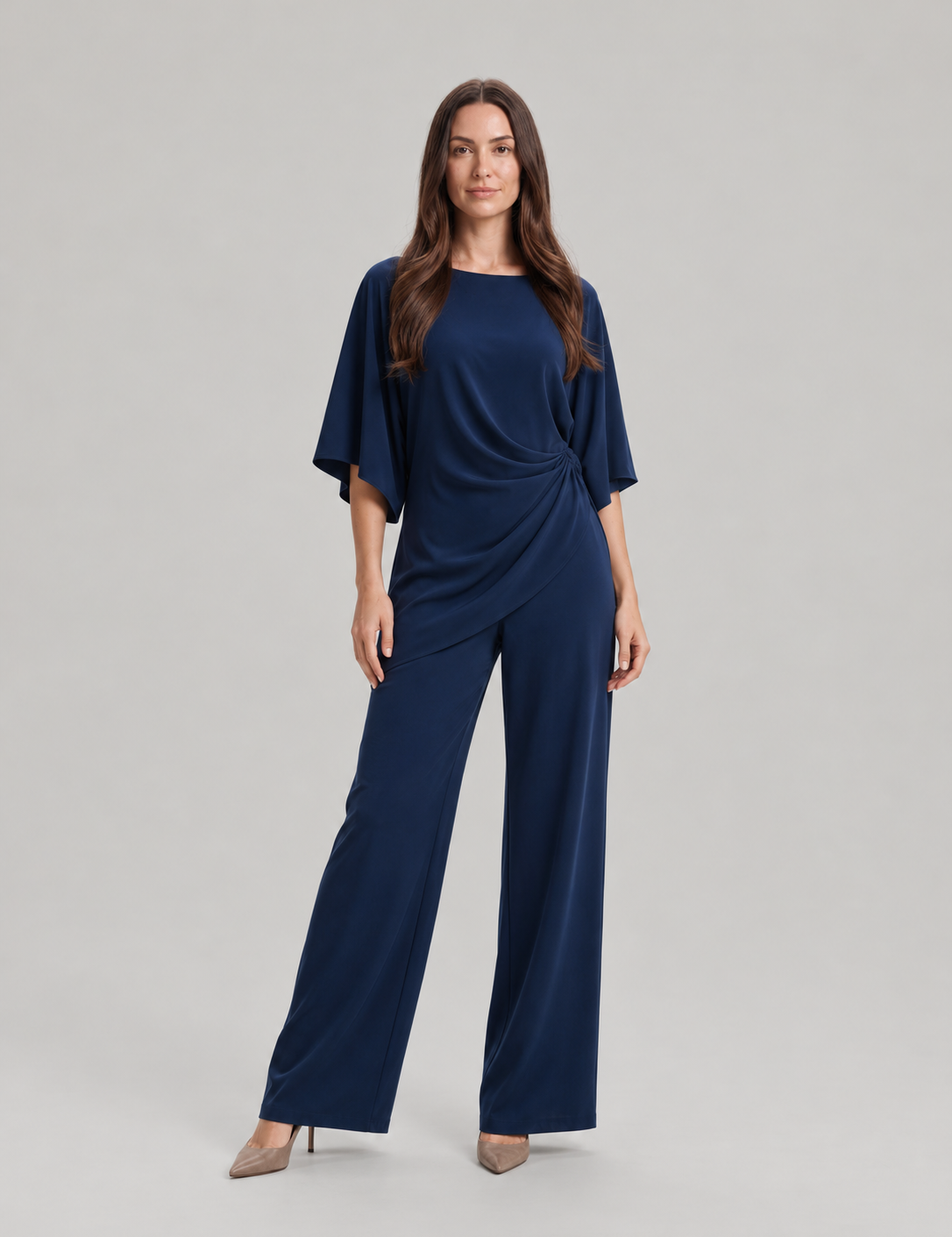 Tweedelige set dames met gedrapeerde top en wijde broek