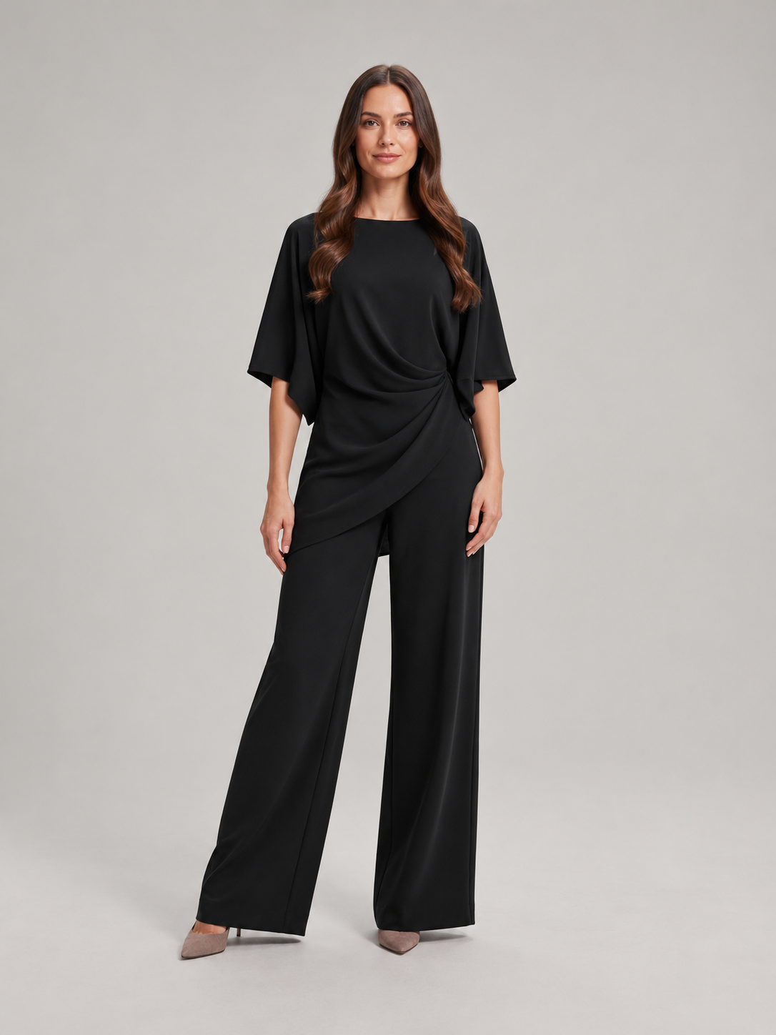 Tweedelige set dames met gedrapeerde top en wijde broek