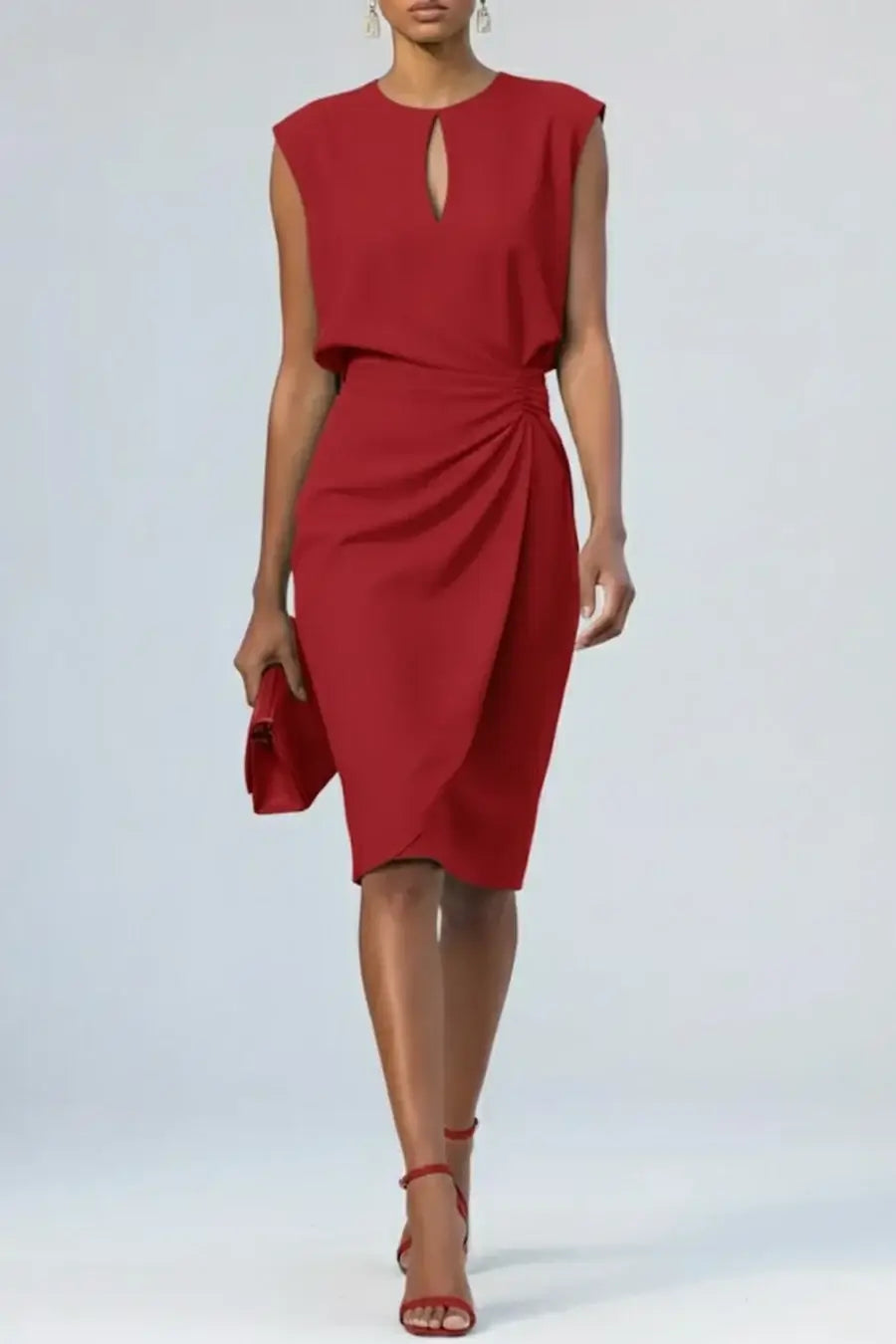 AIDA LENA Women's Dress Dames Midi Jurk – Elegante Jurk met Keyhole Hals en Gedrapeerde Taille