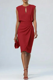 AIDA LENA Women's Dress Dames Midi Jurk – Elegante Jurk met Keyhole Hals en Gedrapeerde Taille