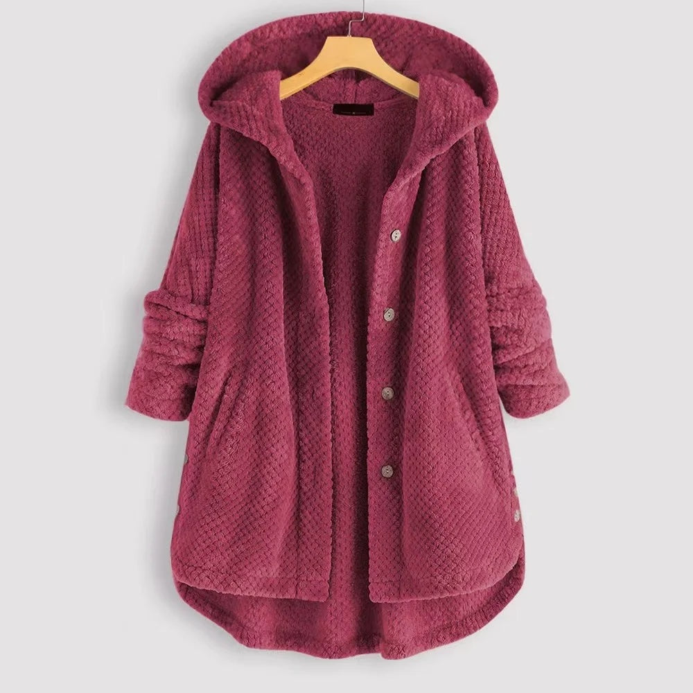 Zachte teddy fleece jas met capuchon dames – Selène Roze / S - AIDA LENA