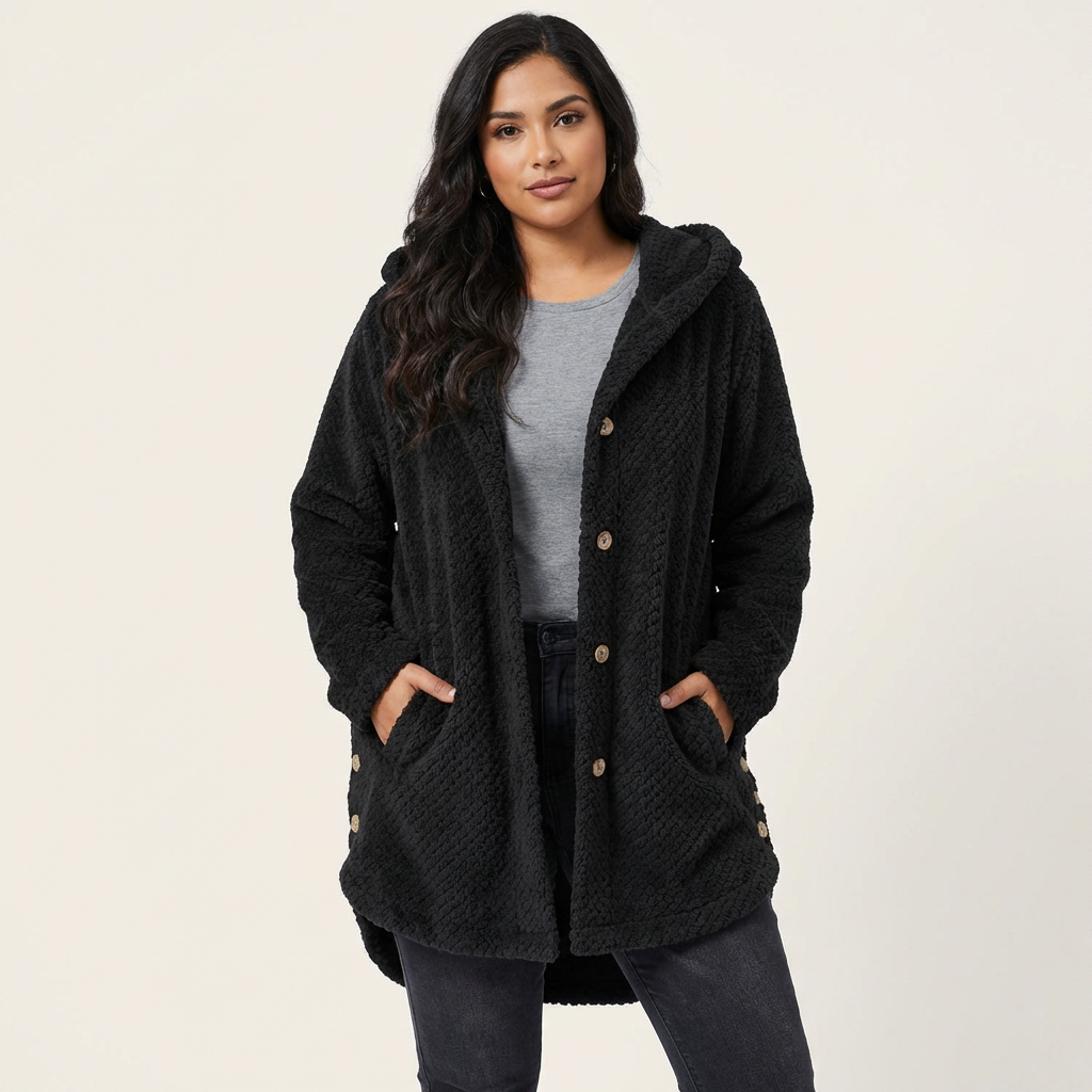Zachte teddy fleece jas met capuchon dames – Selène Zwart / S - AIDA LENA