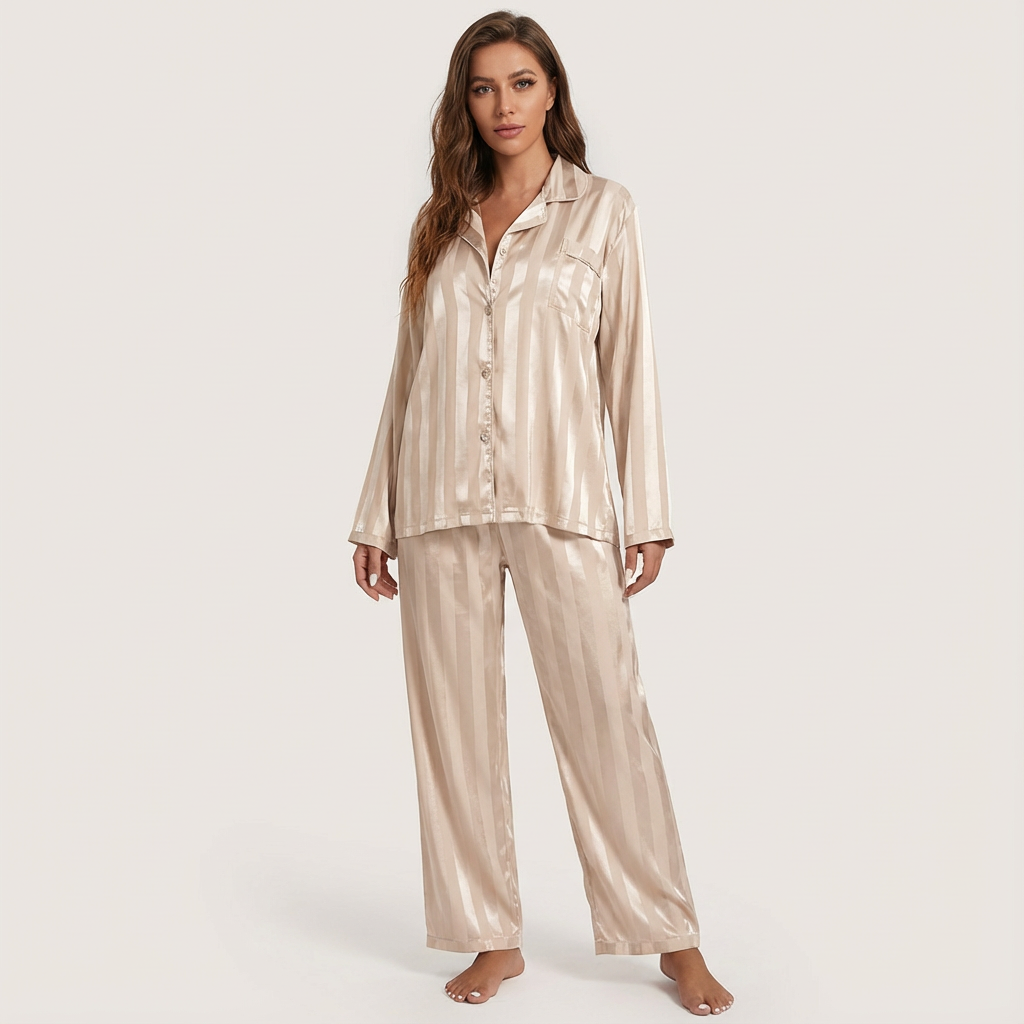 Dames Satijnen Pyjama Set – Gestreept Design met Zijdezachte Afwerking - AIDA LENA