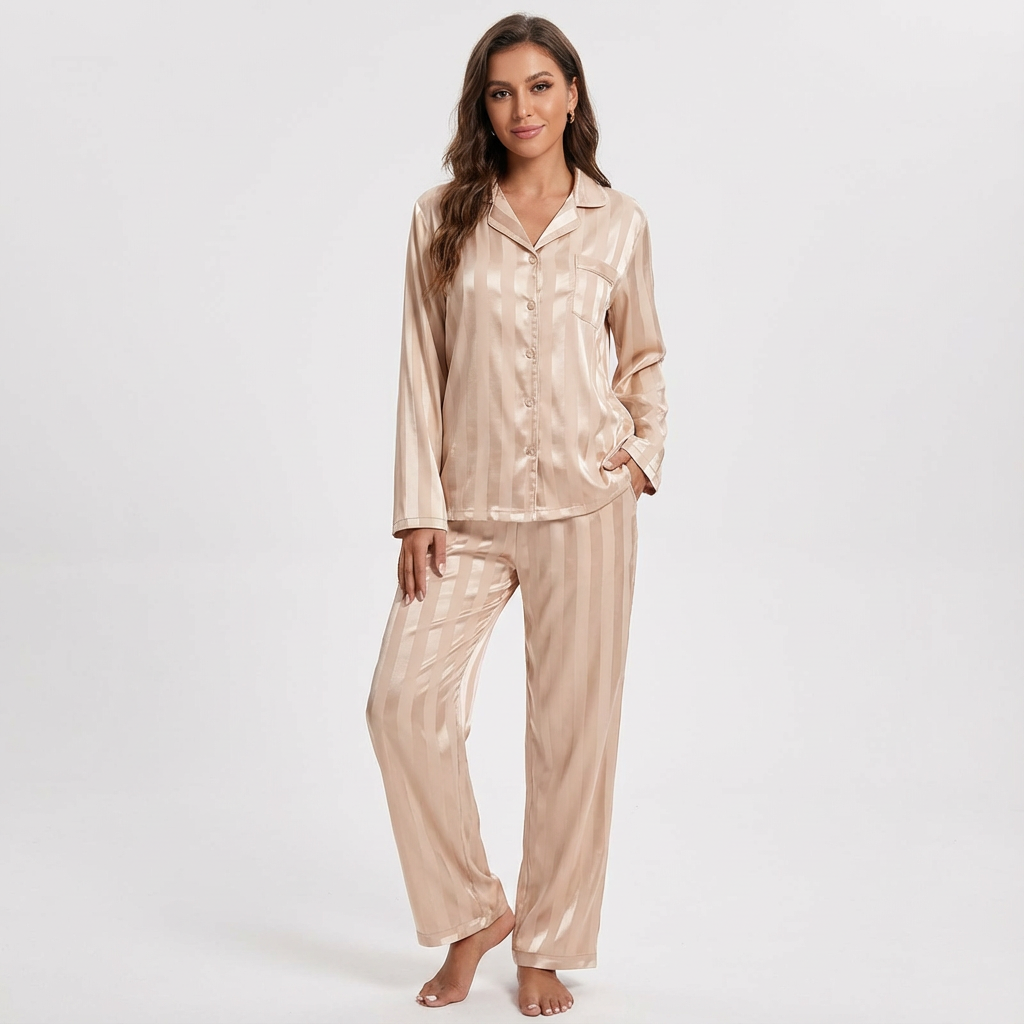 Dames Satijnen Pyjama Set – Gestreept Design met Zijdezachte Afwerking - AIDA LENA