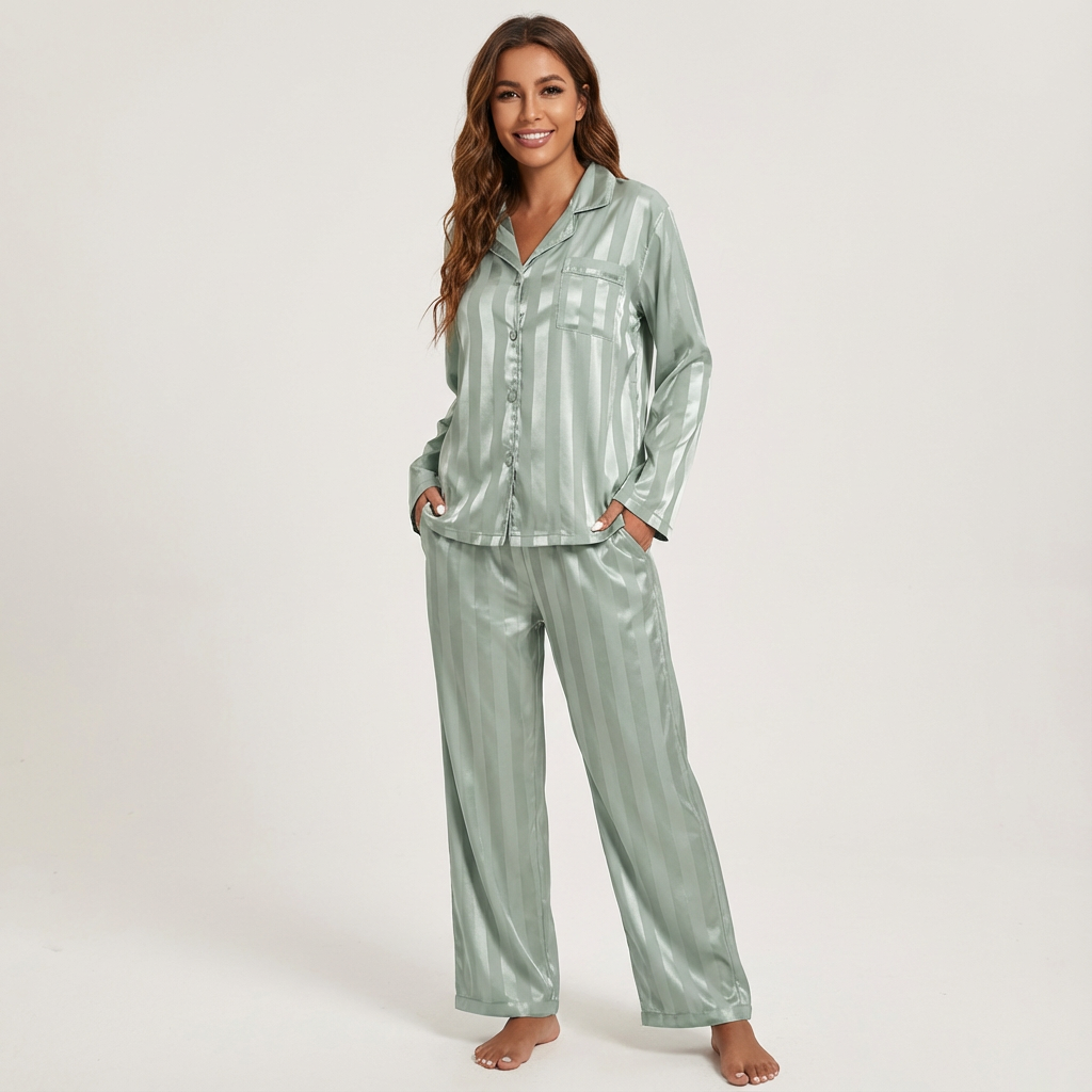 Dames Satijnen Pyjama Set – Gestreept Design met Zijdezachte Afwerking - AIDA LENA