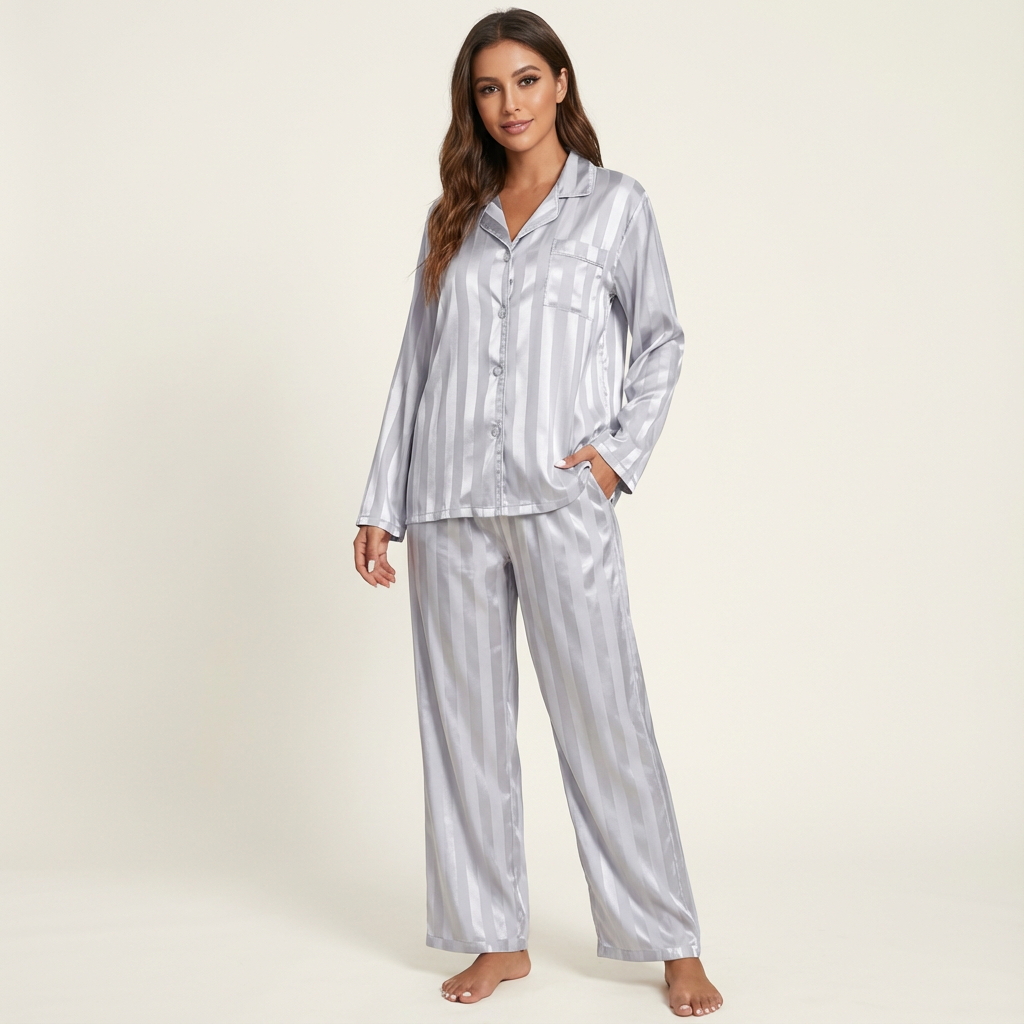 Dames Satijnen Pyjama Set – Gestreept Design met Zijdezachte Afwerking - AIDA LENA