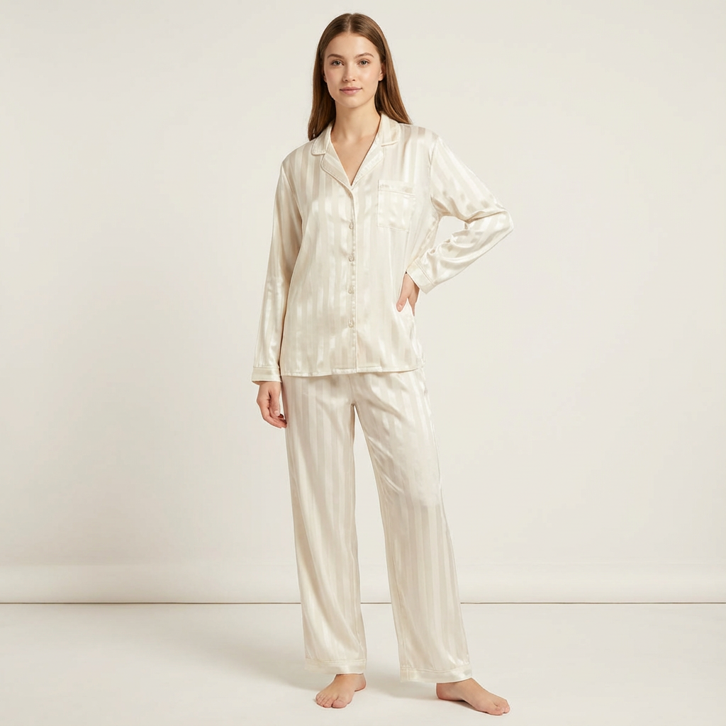 Dames Satijnen Pyjama Set – Gestreept Design met Zijdezachte Afwerking - AIDA LENA