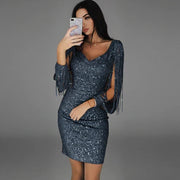 Sequin mini dress for women, fitted with fringe sleeves