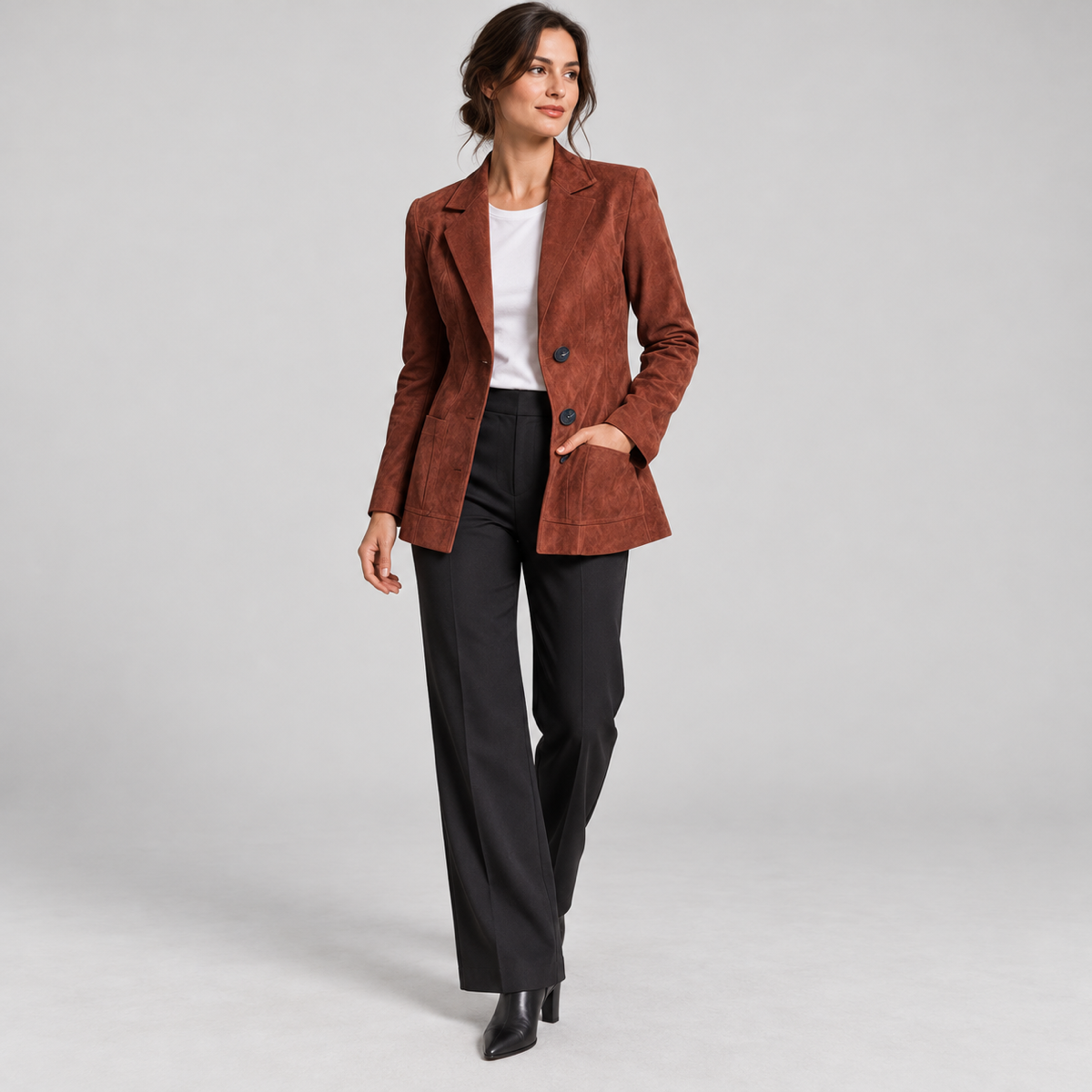 Women's brown fitted blazer with lining and pockets, worn by a female model, angled front view