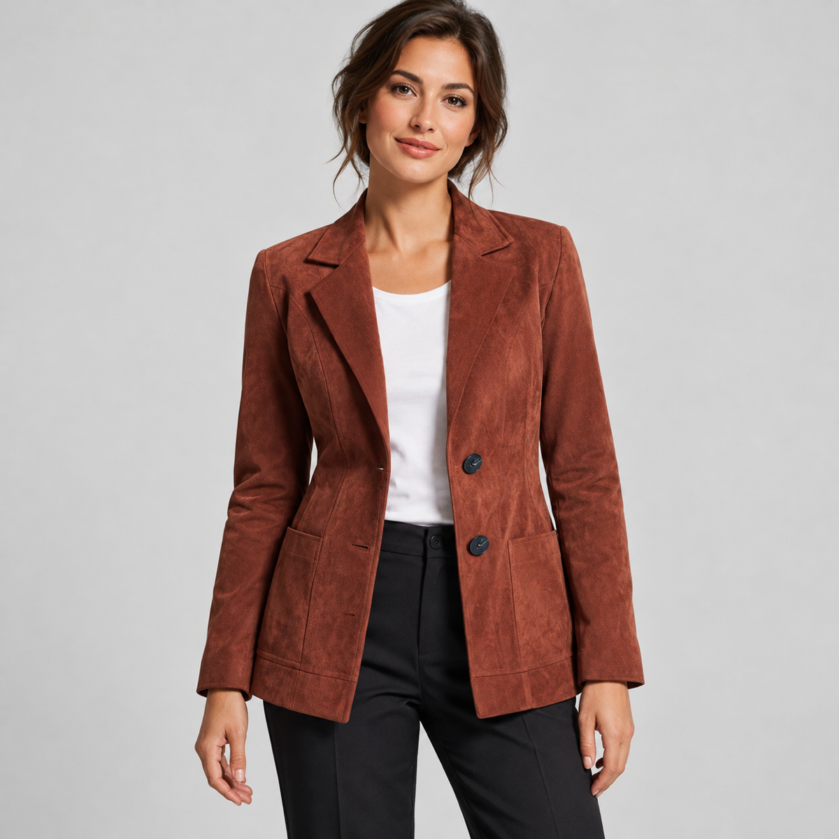 Women's brown fitted blazer with lining and pockets, worn by a female model, close-up