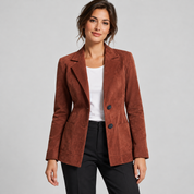 Women's brown fitted blazer with lining and pockets, worn by a female model, close-up