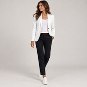Women's fitted blazer with one button and a deep V-neck, worn by a female model, angled front view