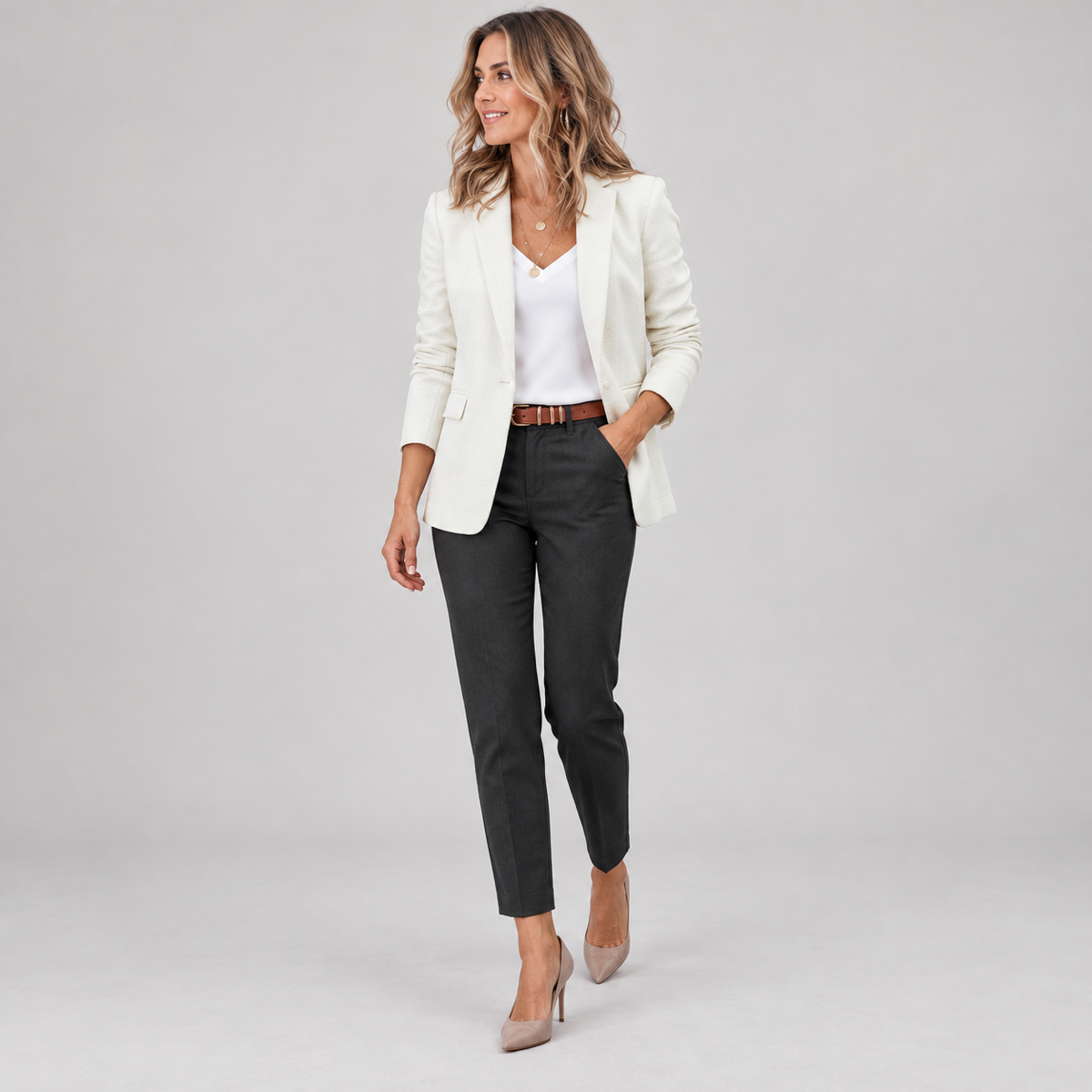Women's fitted blazer with lapels, available in 11 colours, worn by a female model, angled front view