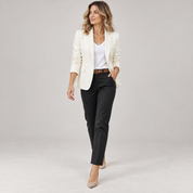 Women's fitted blazer with lapels, available in 11 colours, worn by a female model in a walking pose