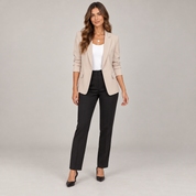 Blazer dames klassiek met smalle revers en één knoop op damesmodel, vooraanzicht