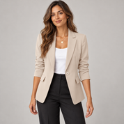 Blazer dames klassiek met smalle revers en één knoop op damesmodel, van dichtbij