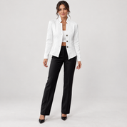 Women’s blazer with cable-knit pattern and stand-up collar, worn by a female model, front view