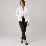 Women’s blazer with cable-knit pattern and stand-up collar, worn by a female model, angled front view