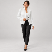Women’s blazer with cable-knit pattern and stand-up collar, worn by a female model in a walking pose