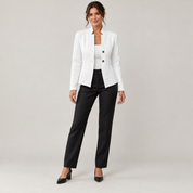 Women's open-front blazer with a textured finish and stand-up collar, worn by a female model, front view