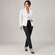 Women's open-front blazer with a textured finish and stand-up collar, worn by a female model, angled front view