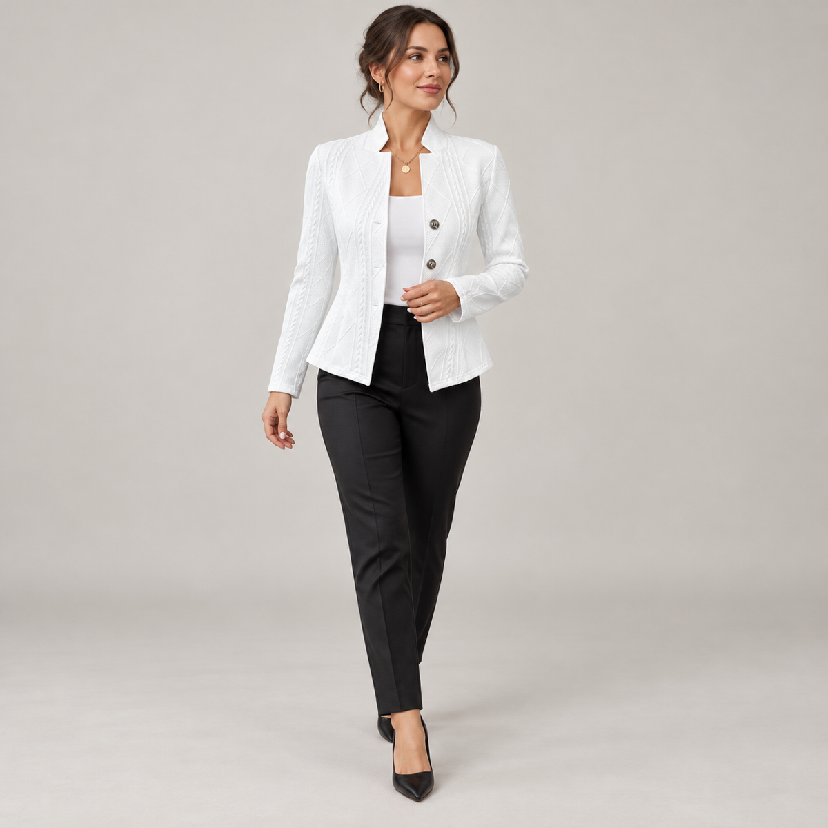 Women's open-front blazer with a textured finish and stand-up collar, worn by a female model in a walking pose