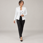 Women's open-front blazer with a textured finish and stand-up collar, worn by a female model in a walking pose