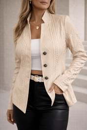 Women's open-front blazer with a textured finish and stand-up collar