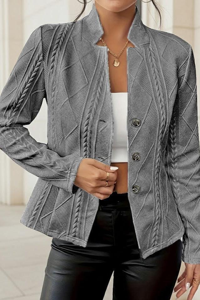 Women's open-front blazer with a textured finish and stand-up collar