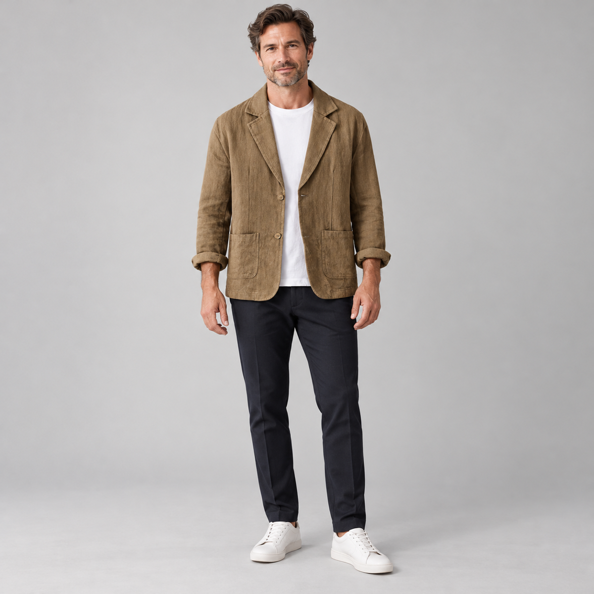 Men's casual blazer with wide lapels and pockets, worn by a male model, front view