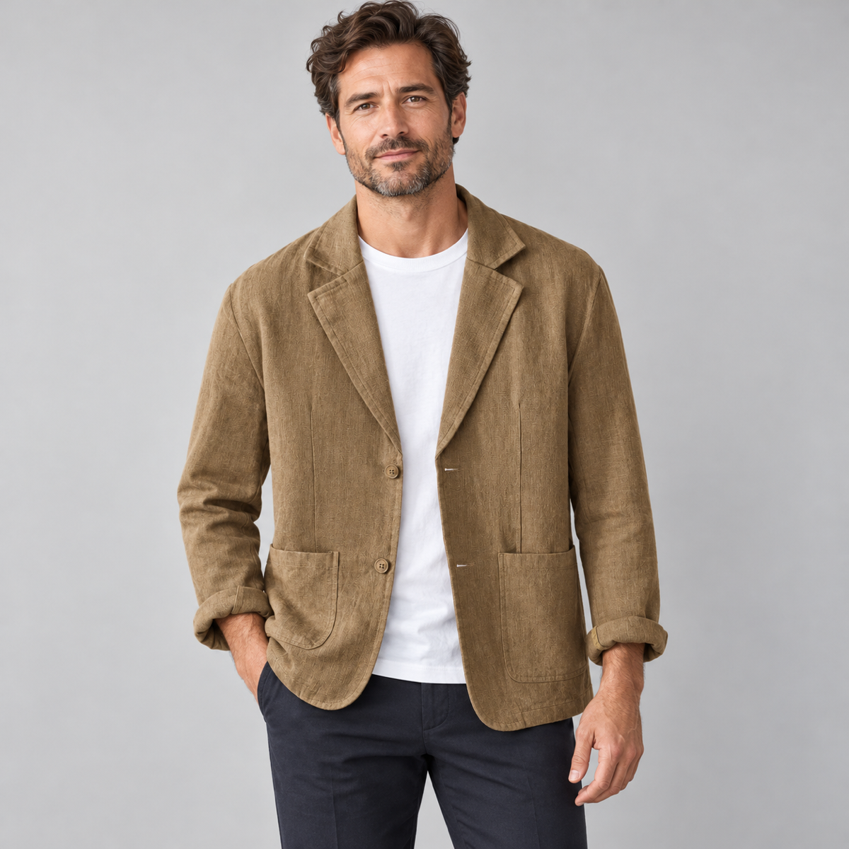 Men's casual blazer with wide lapels and pockets, worn by a male model, close-up