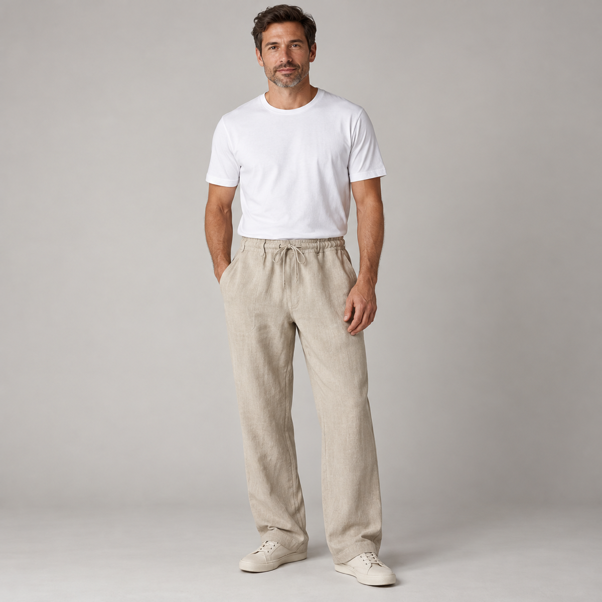 Broek heren relaxed fit met trekkoord en zijzakken op herenmodel, van dichtbij