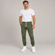 Men's durable slim-fit cargo trousers with deep pockets, worn by a male model, close-up