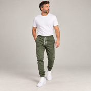 Men's durable slim-fit cargo trousers with deep pockets, worn by a male model in a walking pose