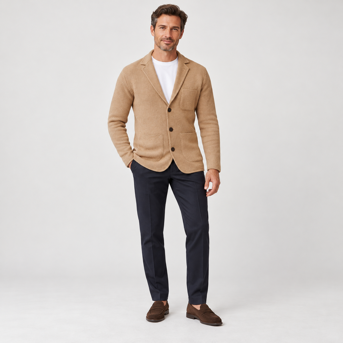 Men's jumper-look robe with lapels and buttons, worn by a male model, front view