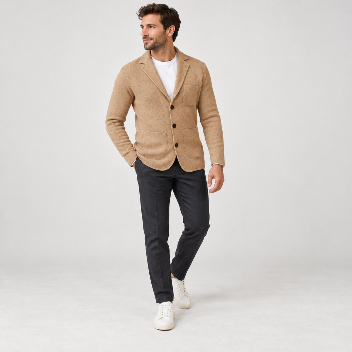 Men's jumper-look robe with lapels and buttons, worn by a male model, angled front view