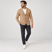 Men's jumper-look robe with lapels and buttons, worn by a male model, angled front view