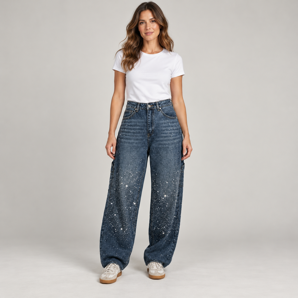 Flared broek dames retro met glitterglans op damesmodel, vooraanzicht