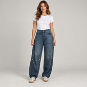 Flared broek dames retro met glitterglans op damesmodel, vooraanzicht