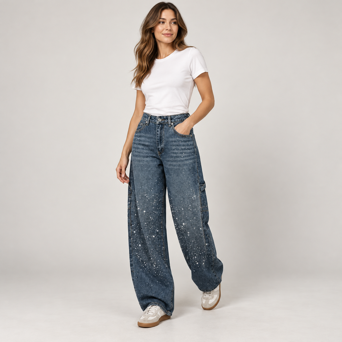 Flared broek dames retro met glitterglans op damesmodel, schuin vooraanzicht
