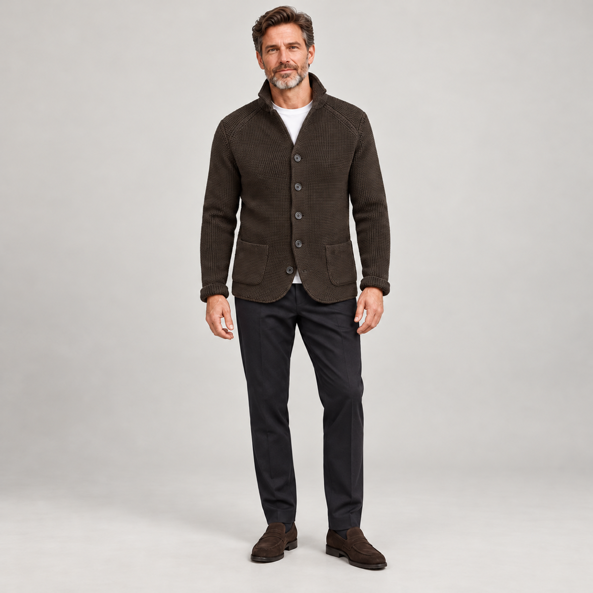 Men’s classic waistcoat with button closure, worn by a male model, front view