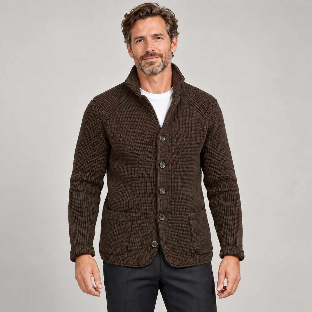 Men’s classic waistcoat with button closure, worn by a male model, close-up