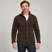 Men’s classic waistcoat with button closure, worn by a male model, close-up