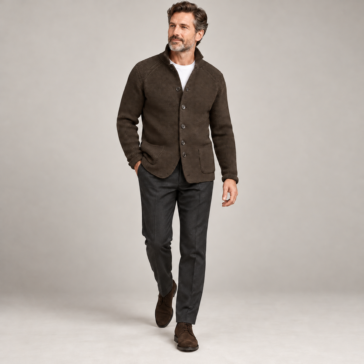 Men’s classic waistcoat with button closure, worn by a male model in a walking pose