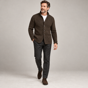 Men’s classic waistcoat with button closure, worn by a male model in a walking pose