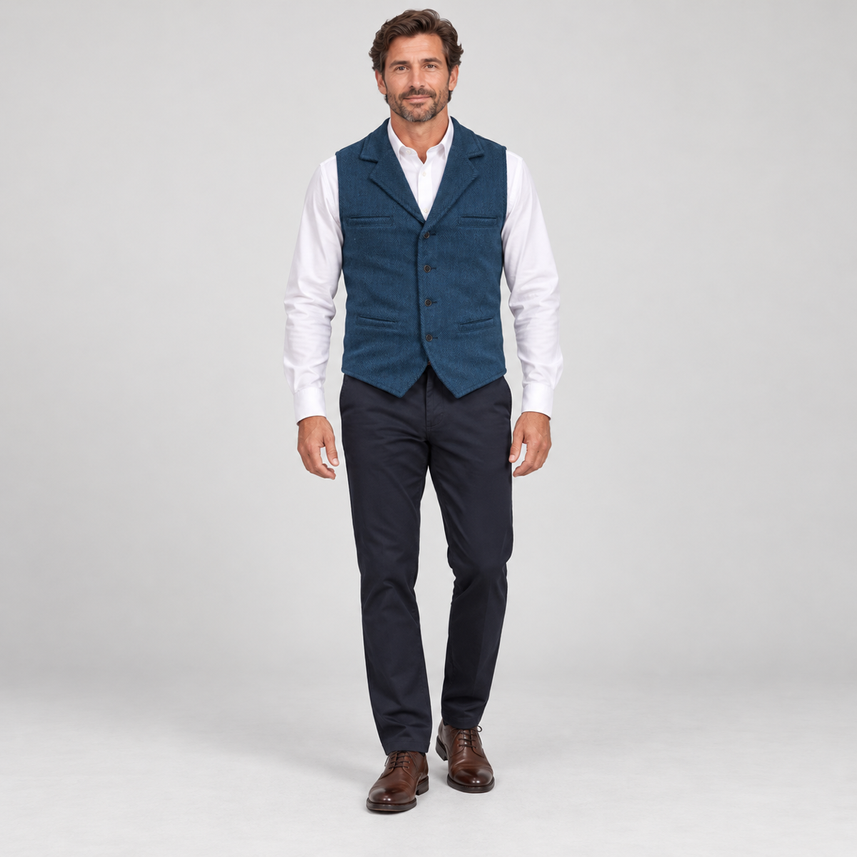 Men’s classic waistcoat with slim fit, worn by a male model, front view