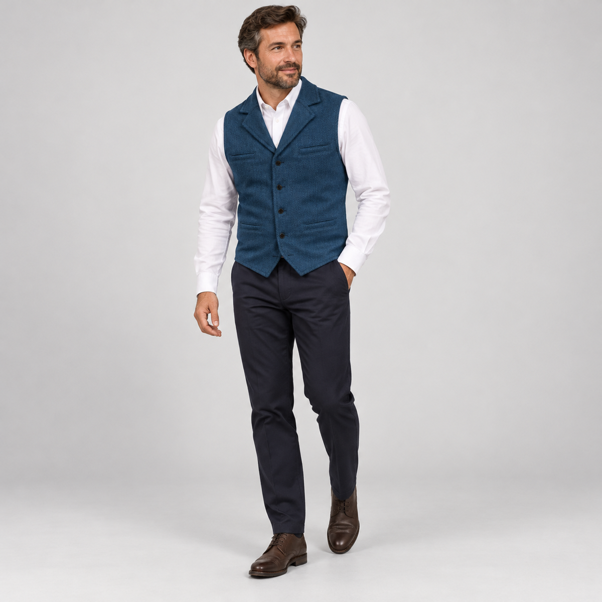Men’s classic waistcoat with slim fit, worn by a male model, angled front view